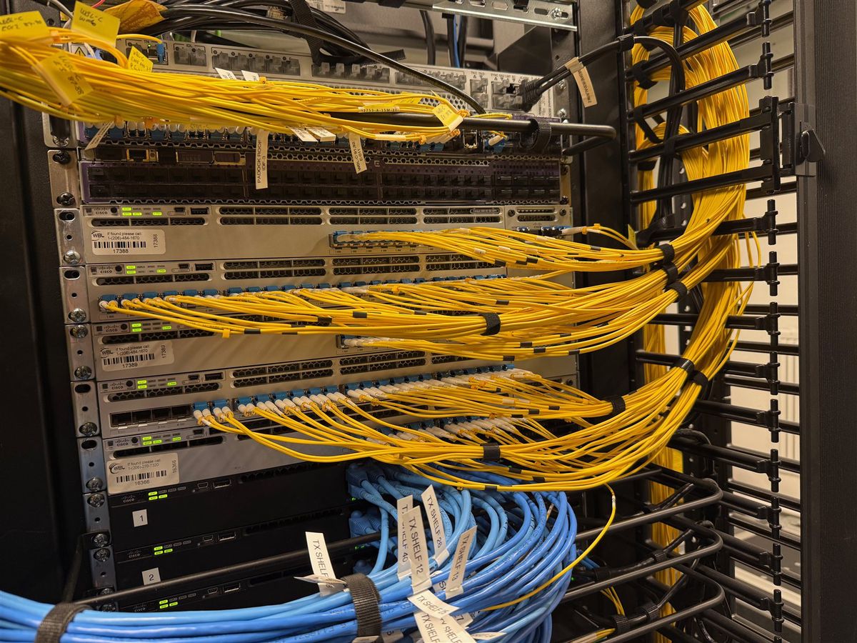 Fiber and network patching in a WBL rack at the Miami Grand Prix